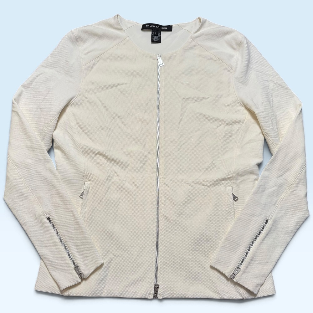 Ralph Lauren Black Label Jacket Women Large White Collarless Knit Full Zip Moto